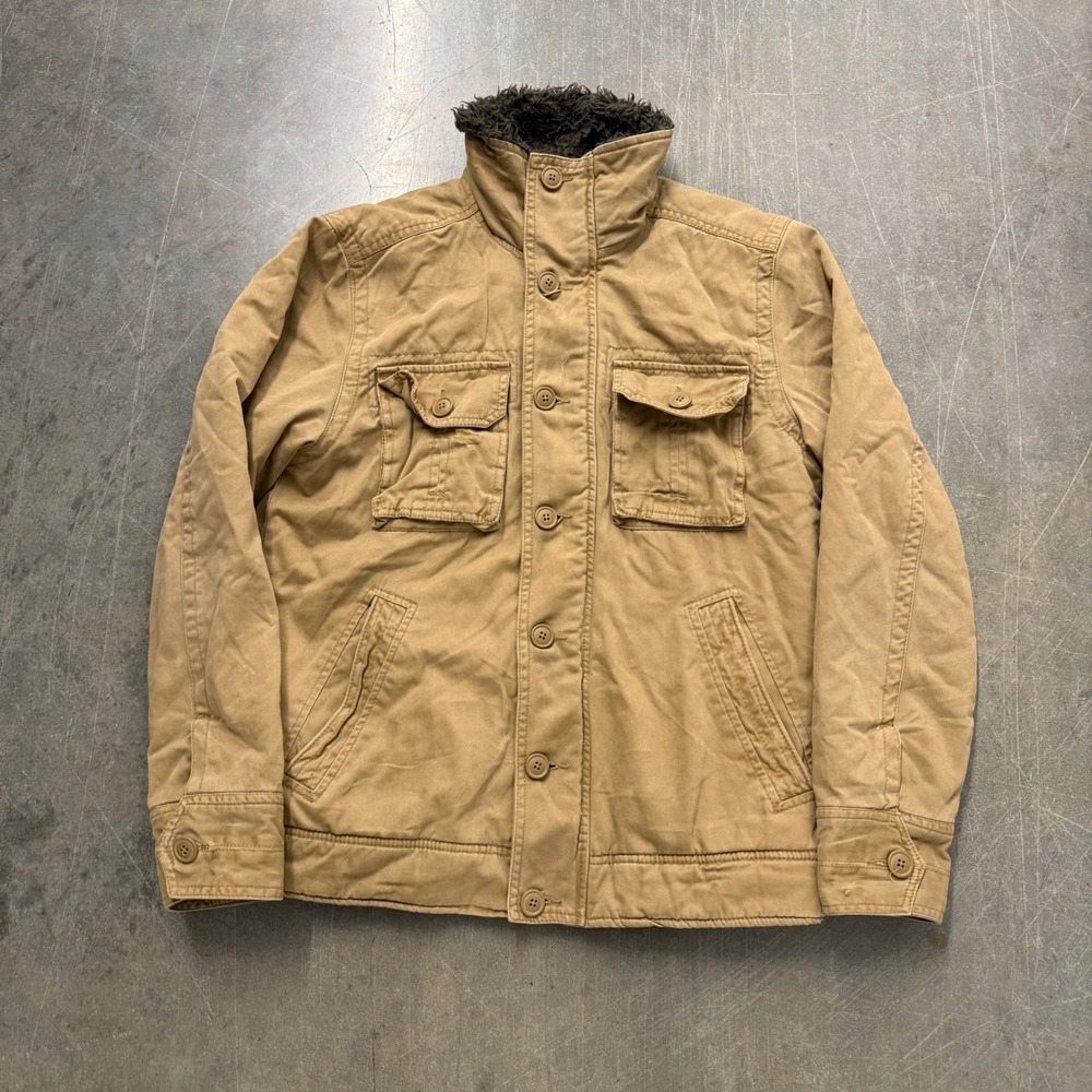 Aeropostale Mens Sherpa Lined Field Jacket Tan Khaki Cotton Canvas Utility Small